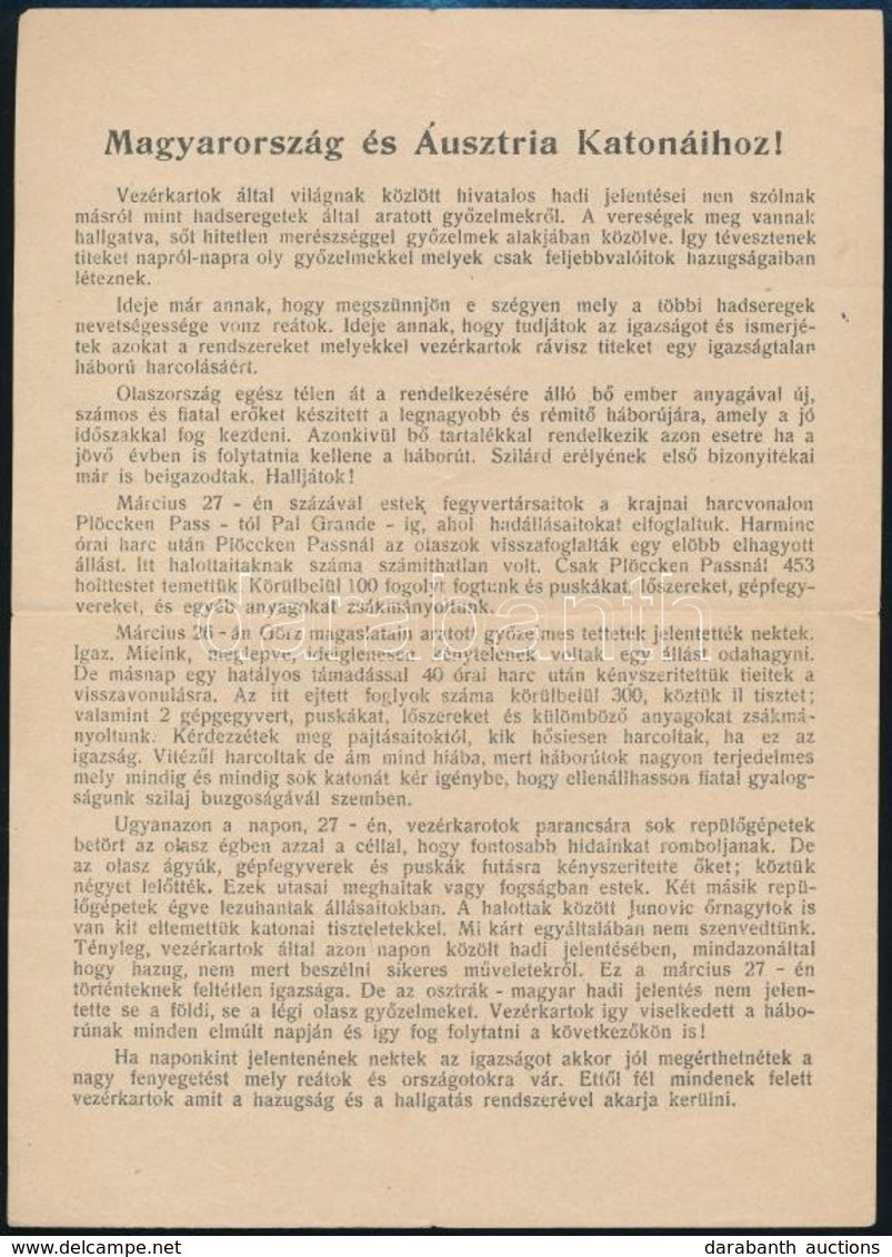 Cca 1916 Magyarország és Ausztria Katonáihoz! Magyar Nyelvű, Olasz, Első Világháborús Röplap. - Ohne Zuordnung