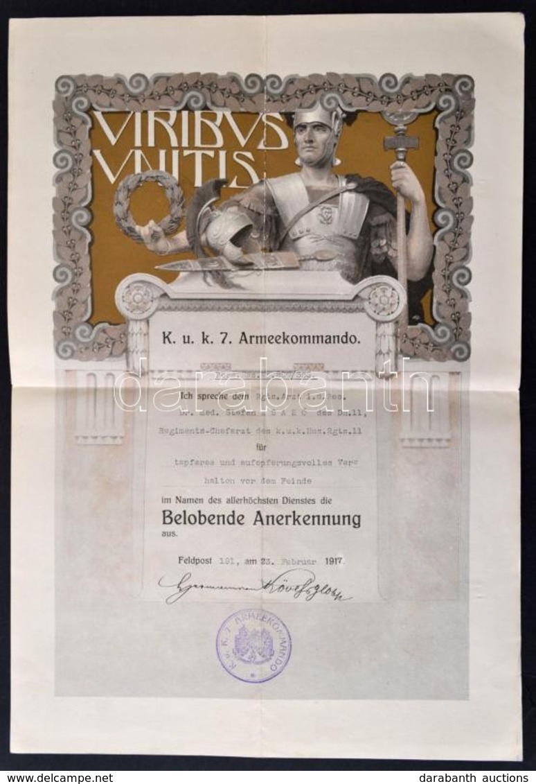 1917 Dekoratív Elismerő Kitüntetés A Császári és Királyi 7. Hadtest Vezetésétől A Front, A Hadtest Pecsétjével, Hajtogat - Non Classificati