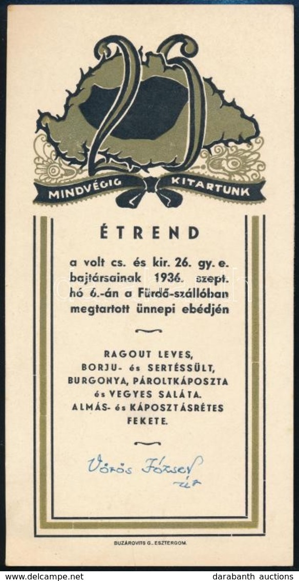 1936 M. Kir. Cs. és Kir. Esztergomi 26. Gyalogezred Bajtársainak 1936. Szept. 6.-án Az Esztergomi Fürdő-szállóban Tartot - Non Classés