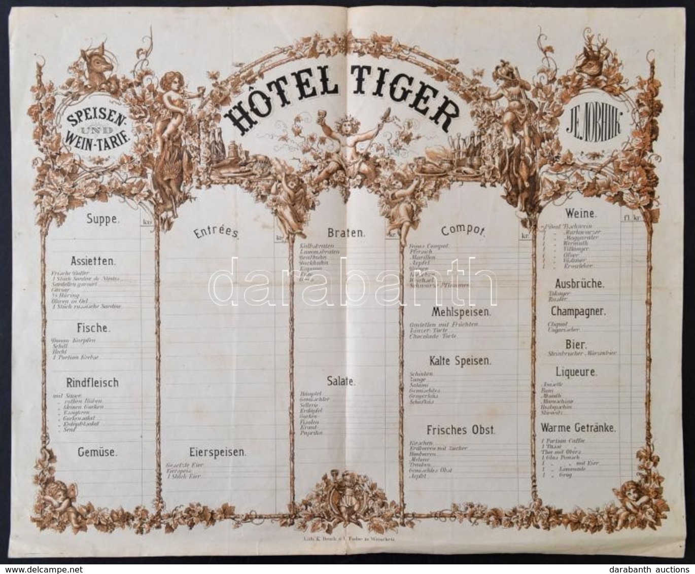 Cca 1880 Versec, Hotel Tigris étlapja, Versec, L. Fodor-ny, 34x42 Cm / Vrsac, Hotel Menu Card, 34x42 Cm - Ohne Zuordnung