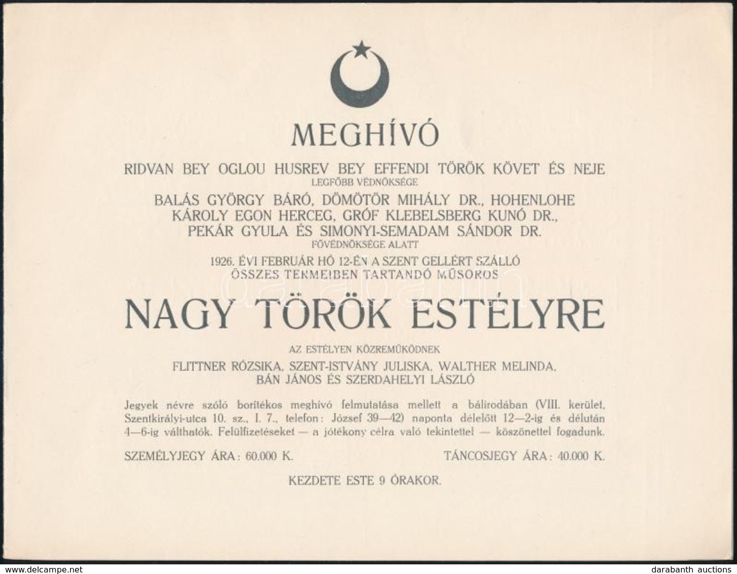 1926 Bp., Meghívó Nagy Török Estélyre, Borítékkal - Ohne Zuordnung