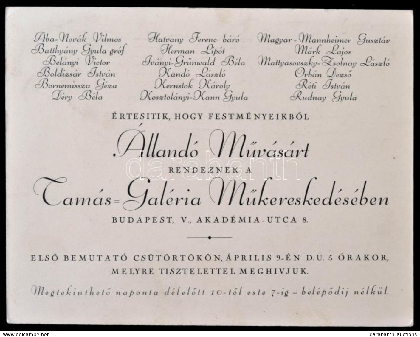 1931 Tamás-Galéria Műkereskedésének (1927-1944) állandó Művásárának Meghívója, Elek Artúr (1876-1944) Művészettörténész, - Ohne Zuordnung