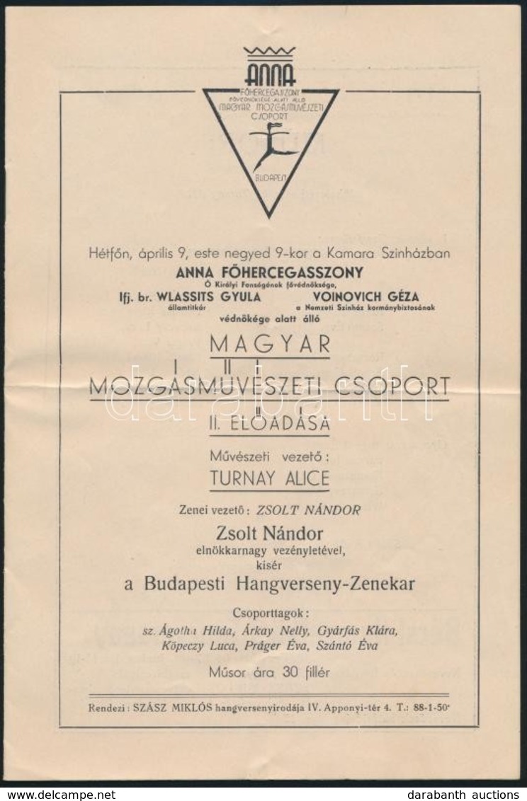 1934 Magyar Mozgásművészeti Csoport II. Előadása, Művészeti Vezető: Turnay Alice. Műsorfüzet. 8p. Hajtásnyommal - Ohne Zuordnung