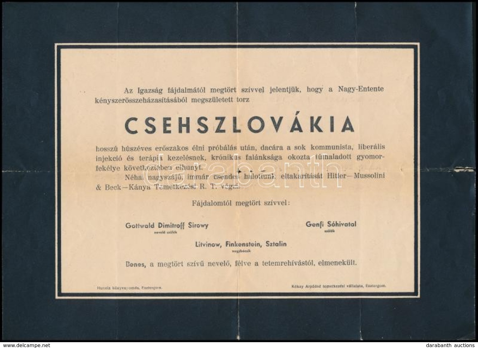 1938 Csehszlovákia Megszűnésére Készített Szarkasztikus 'gyászjelentés' / Death Announcement Of Chechoslovakia 21x30 Cm - Ohne Zuordnung