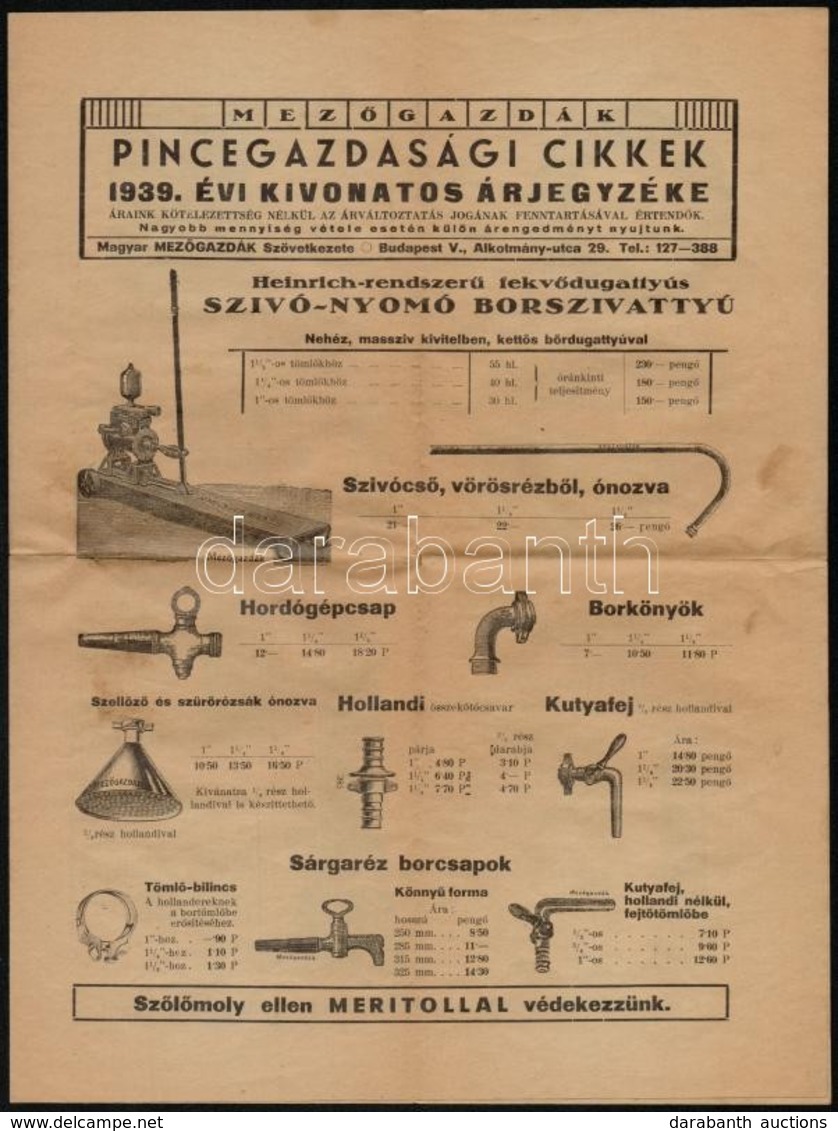 1939 Bp. V., Mezőgazdák Pincegazdasági Cikkek Kivonatos árjegyzéke - Ohne Zuordnung