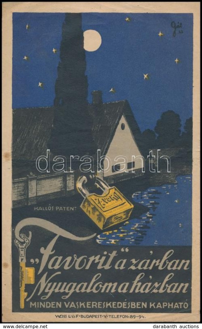 Cca 1930-1940  'Favorit A Zárban / Nyugalom A Házban', Villamosplakát, Weiss L. és F. Budapest, Kissé Foltos, 23×14,5 Cm - Autres & Non Classés