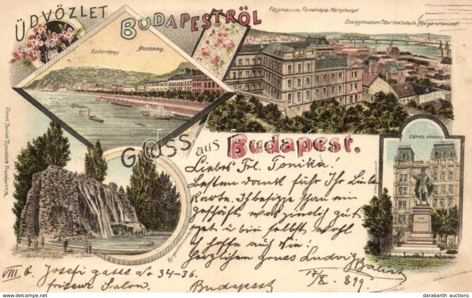 * T2/T3 1899 (Vorläufer!) Budapest, Főgimnázium, Gellérthegy, Eötvös Szobor. Kunstasntalt Rosenblatt Art Nouveau Litho ( - Ohne Zuordnung