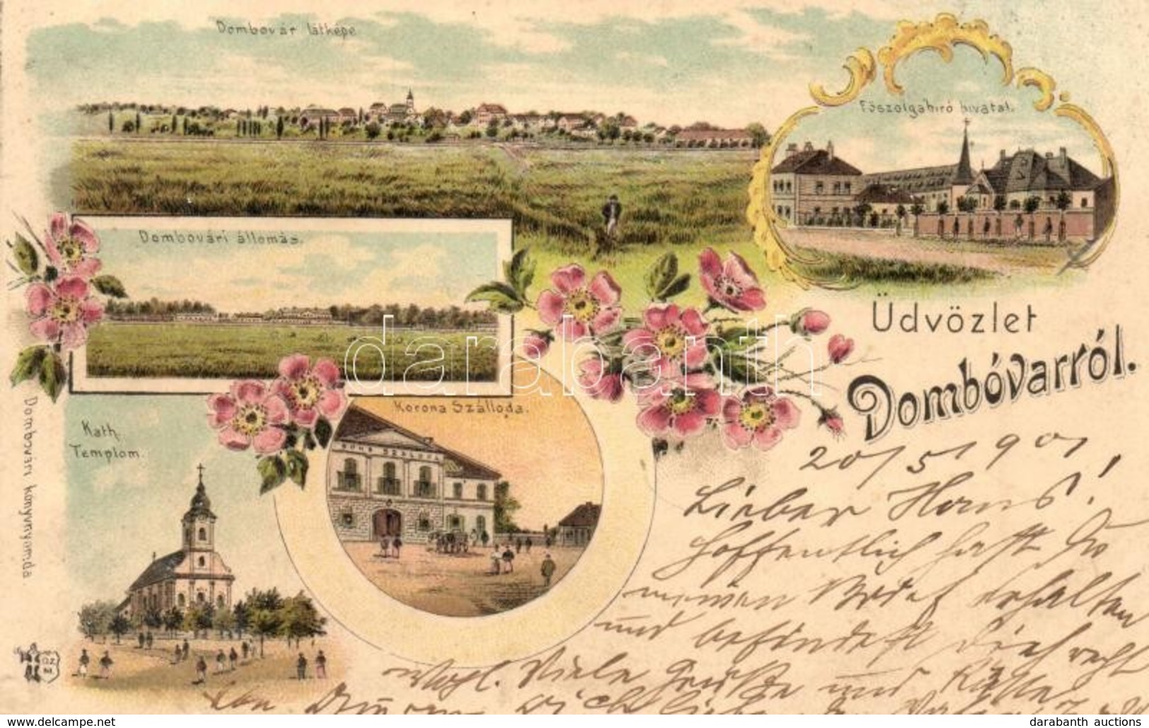 T2 1901 Dombóvár, Vasútállomás, Főszolgabírói Hivatal, Korona Szálloda, Floral, Art Nouveau Litho - Ohne Zuordnung