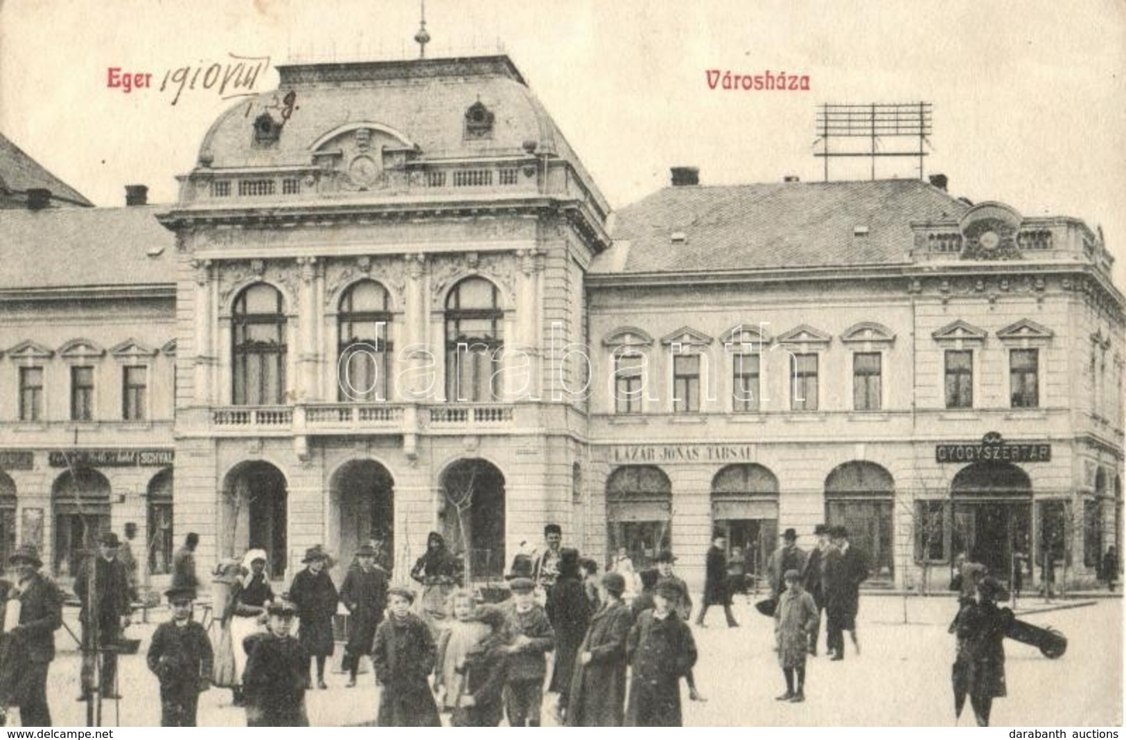 T2/T3 1910 Eger, Városháza, Gyógyszertár, Lázár Jónás és Társai üzlete - Ohne Zuordnung