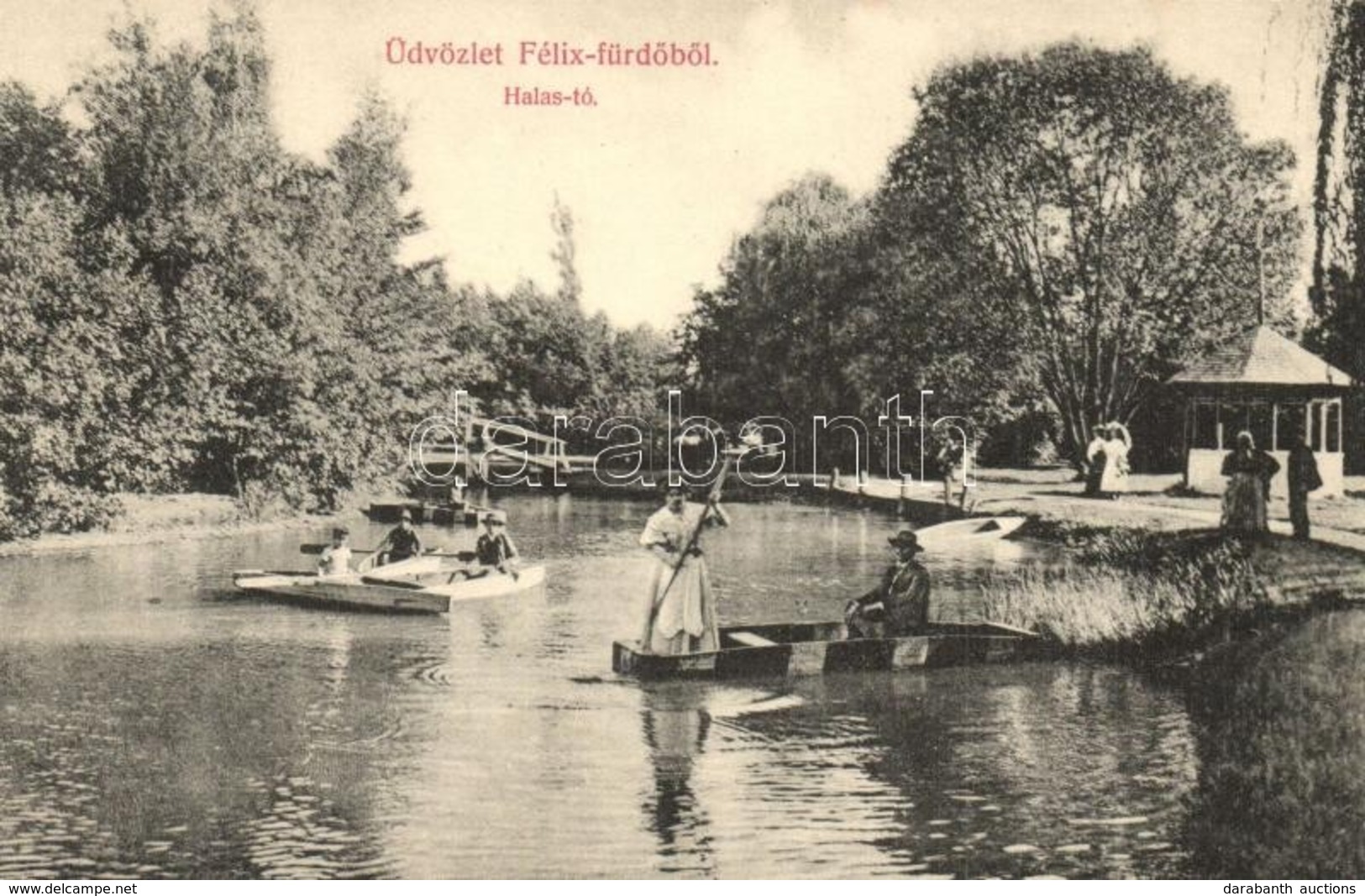 * T2/T3 Félixfürdő, Baile Felix; Halas-tó, Híd, Kiadja Engel József / Lake With Kayaking And Boating People (kissé ázott - Ohne Zuordnung