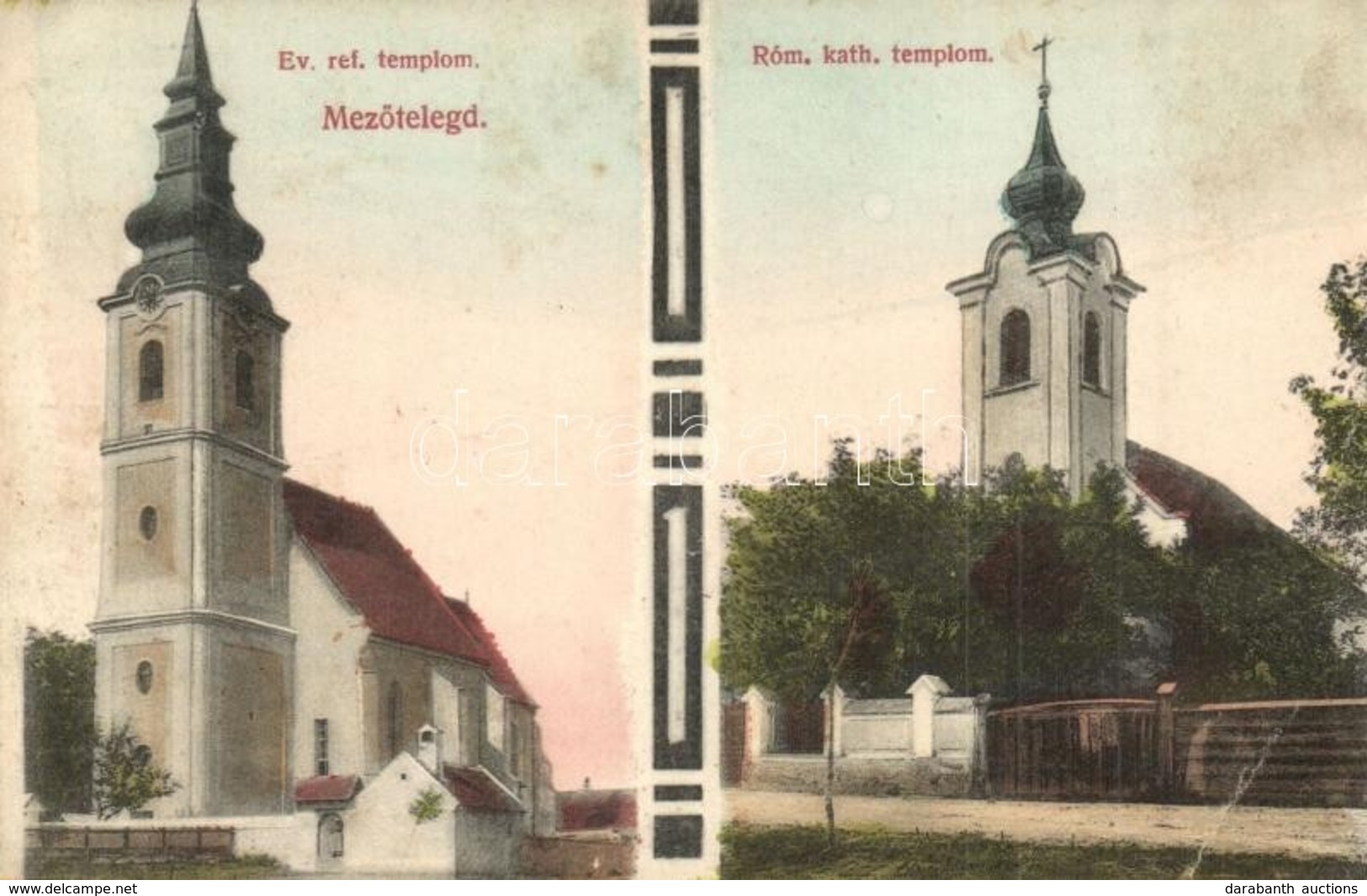 T2/T3 1915 Mezőtelegd, Tileagd; Református és Római Katolikus Templom / Calvinist And Roman Catholic Church. Art Nouveau - Non Classés