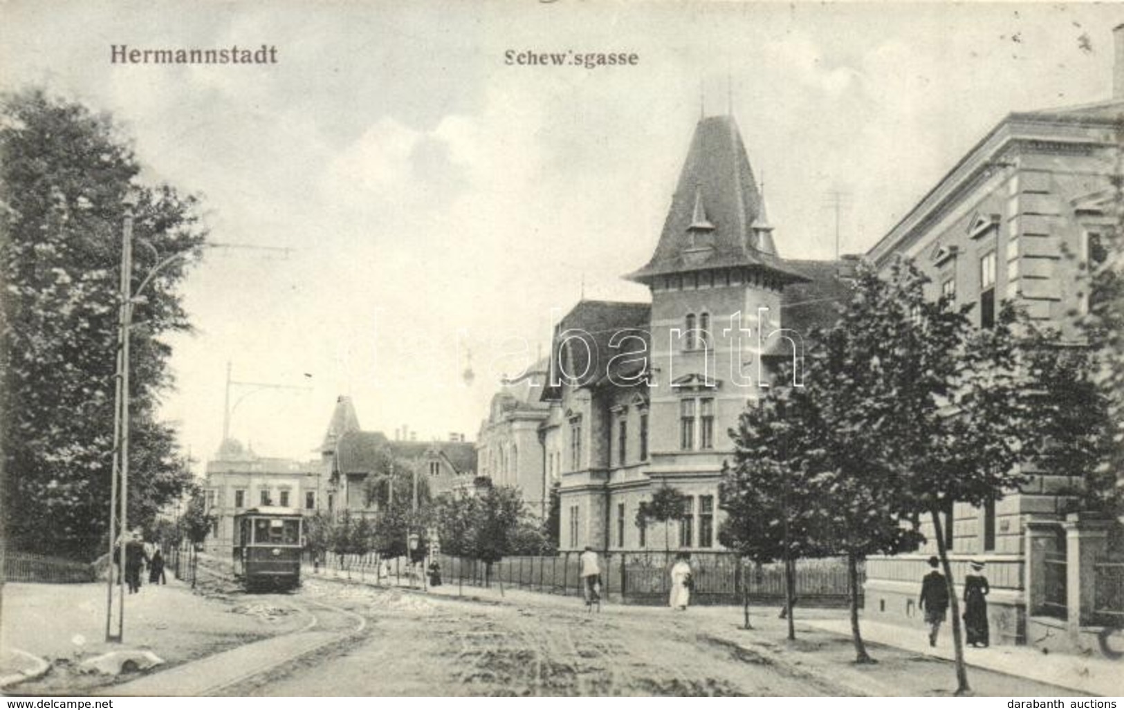 * T2 1911 Nagyszeben, Hermannstadt, Sibiu; Schewis Utca, Villák, Villamos. Jos. Drotleff / Schewisgasse / Street View Wi - Ohne Zuordnung