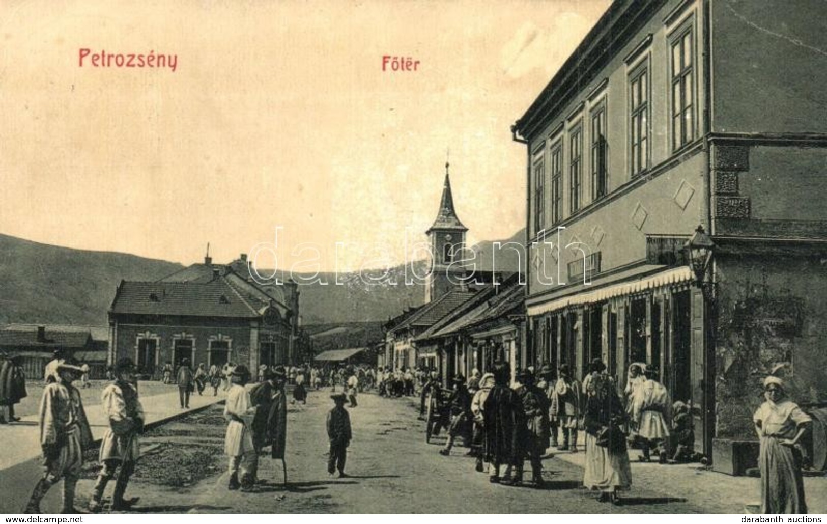 T2/T3 1910 Petrozsény, Petrosani; Fő Tér, Herman Béla üzlete, Mader Lajos Sörödéje, Zsinagóga (?). W.L. Bp. 1679. / Main - Ohne Zuordnung