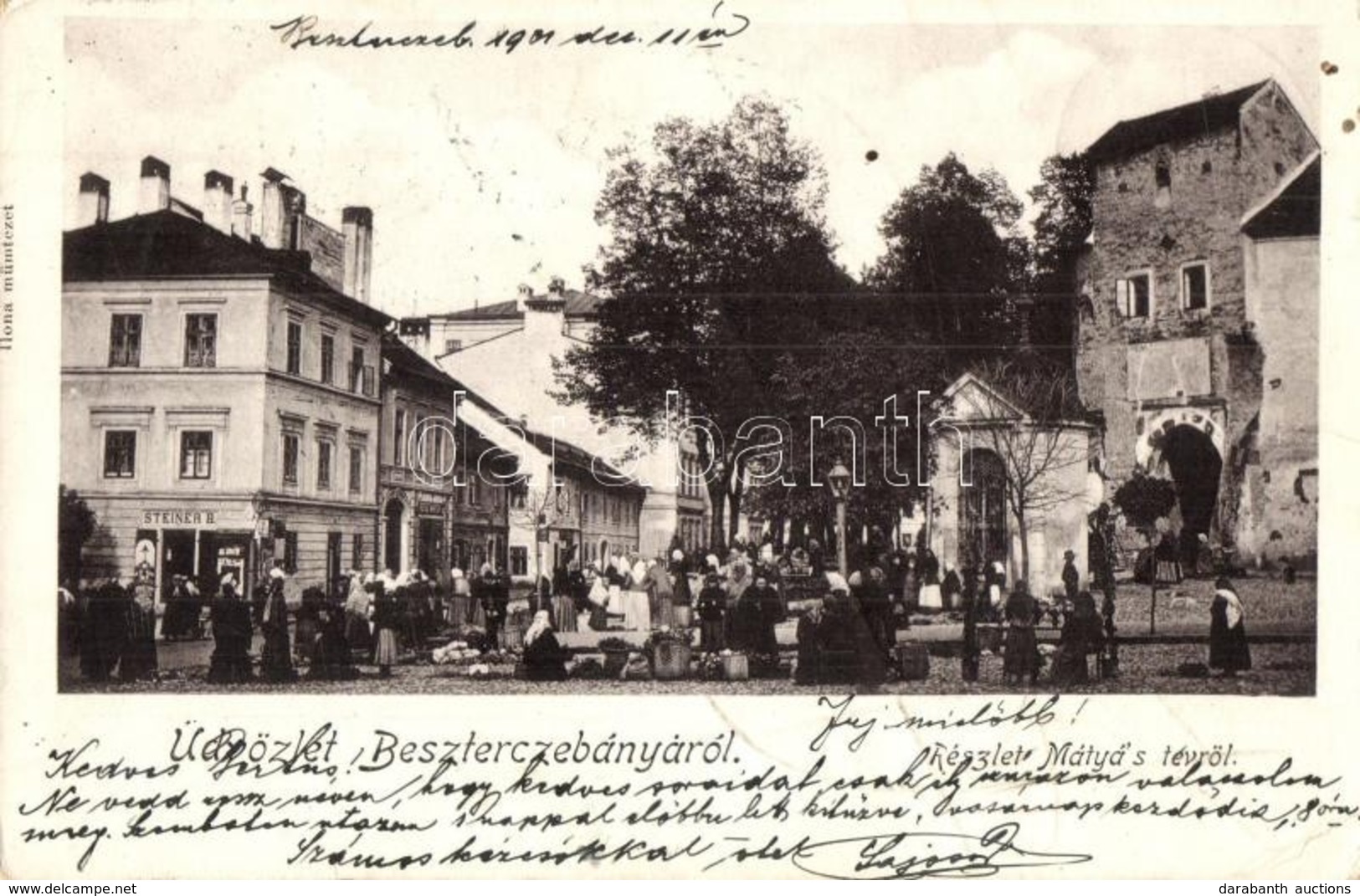 T2/T3 1901 Besztercebánya, Banská Bystrica; Mátyás Tér, Piac, Steiner B. és Reisz Miksa üzlete / Square, Market, Shops ( - Zonder Classificatie