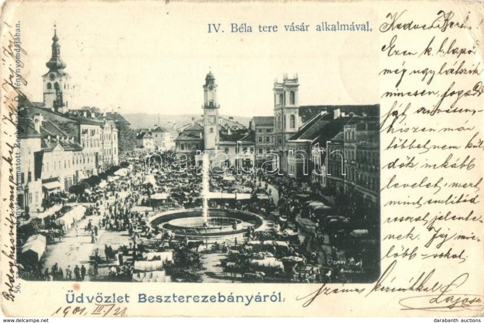 T2/T3 1901 Besztercebánya, Banská Bystrica; IV. Béla Tér, Piac, Szökőkút / Square, Market, Fountain (EK) - Non Classés