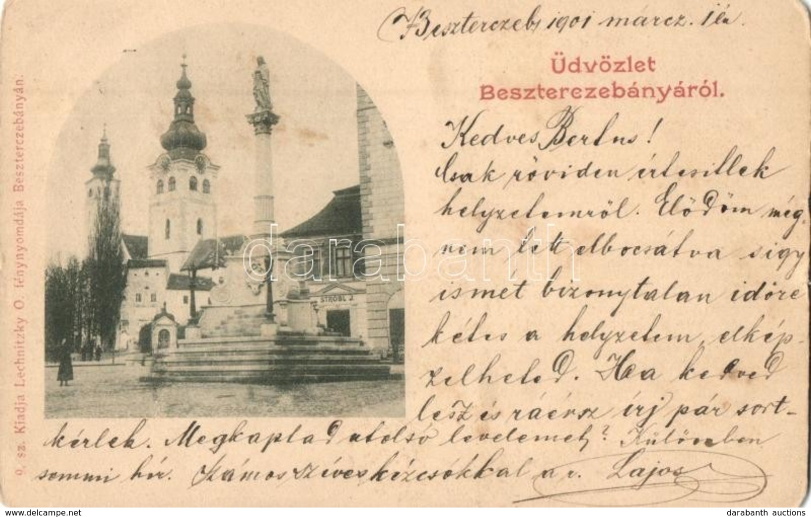 T2/T3 1901 Besztercebánya, Banská Bystrica; Templom, Mária Oszlop, Stróbl J. üzlete, Kiadja Lechnitzky O. / Church, Stat - Non Classés