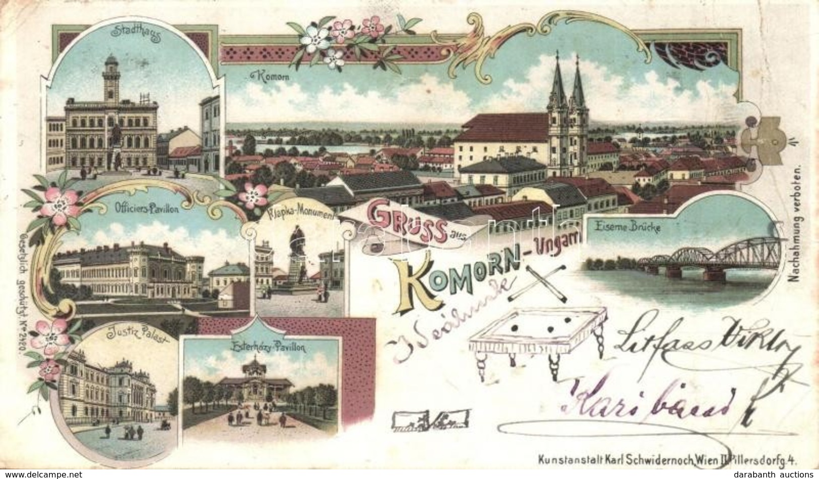 T3 1898 Komárom, Komárno; Városház, Vasúti Híd, Igazságügyi Palota, Tiszti Pavilon, Klapka Szobor, Eszterházy Pavilon. S - Ohne Zuordnung