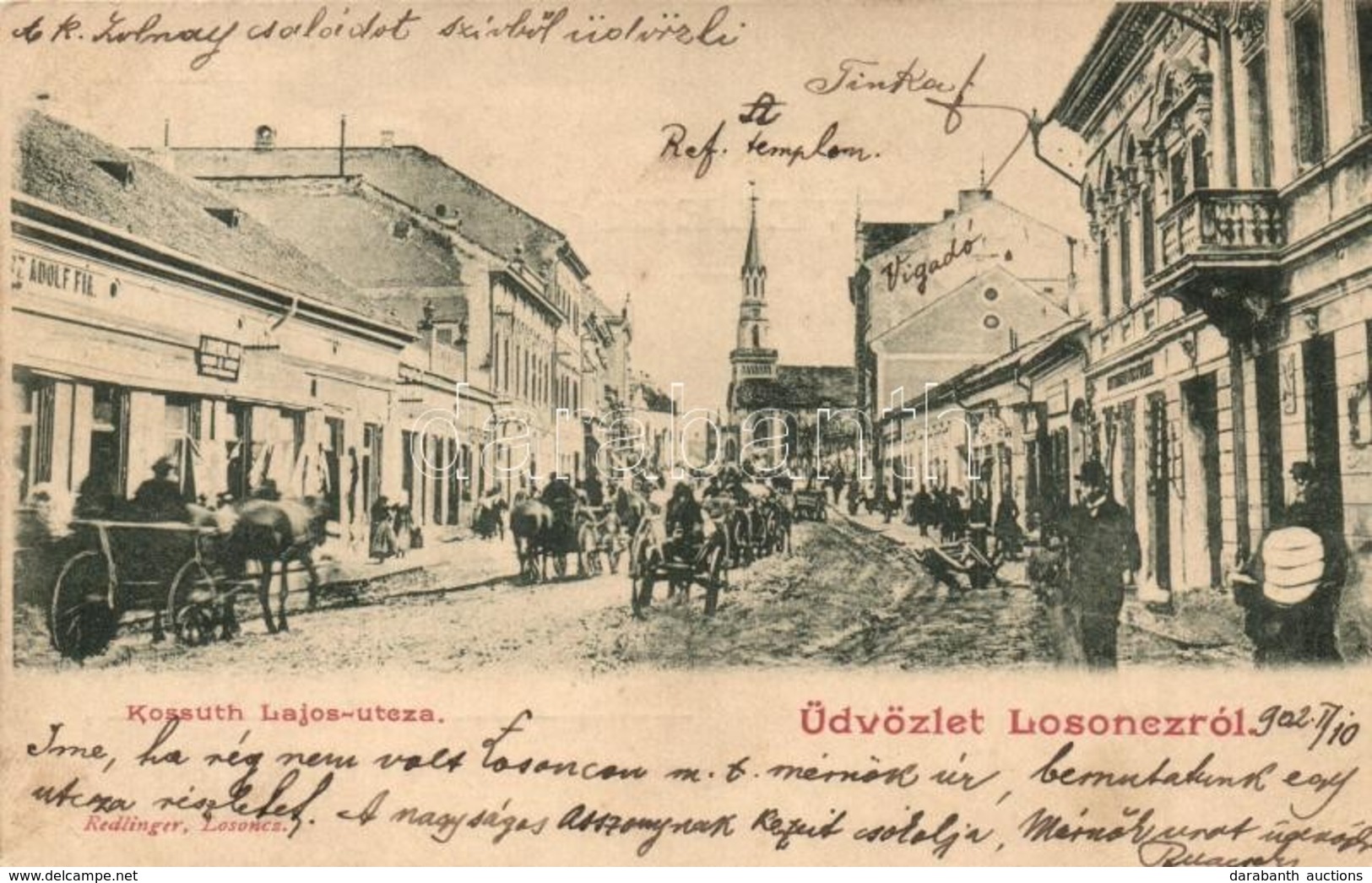 T2 1902 Losonc, Lucenec; Kossuth Lajos Utca, Református Templom, Vigadó, Herz Adolf és Fia üzlete / Street, Church, Redo - Ohne Zuordnung