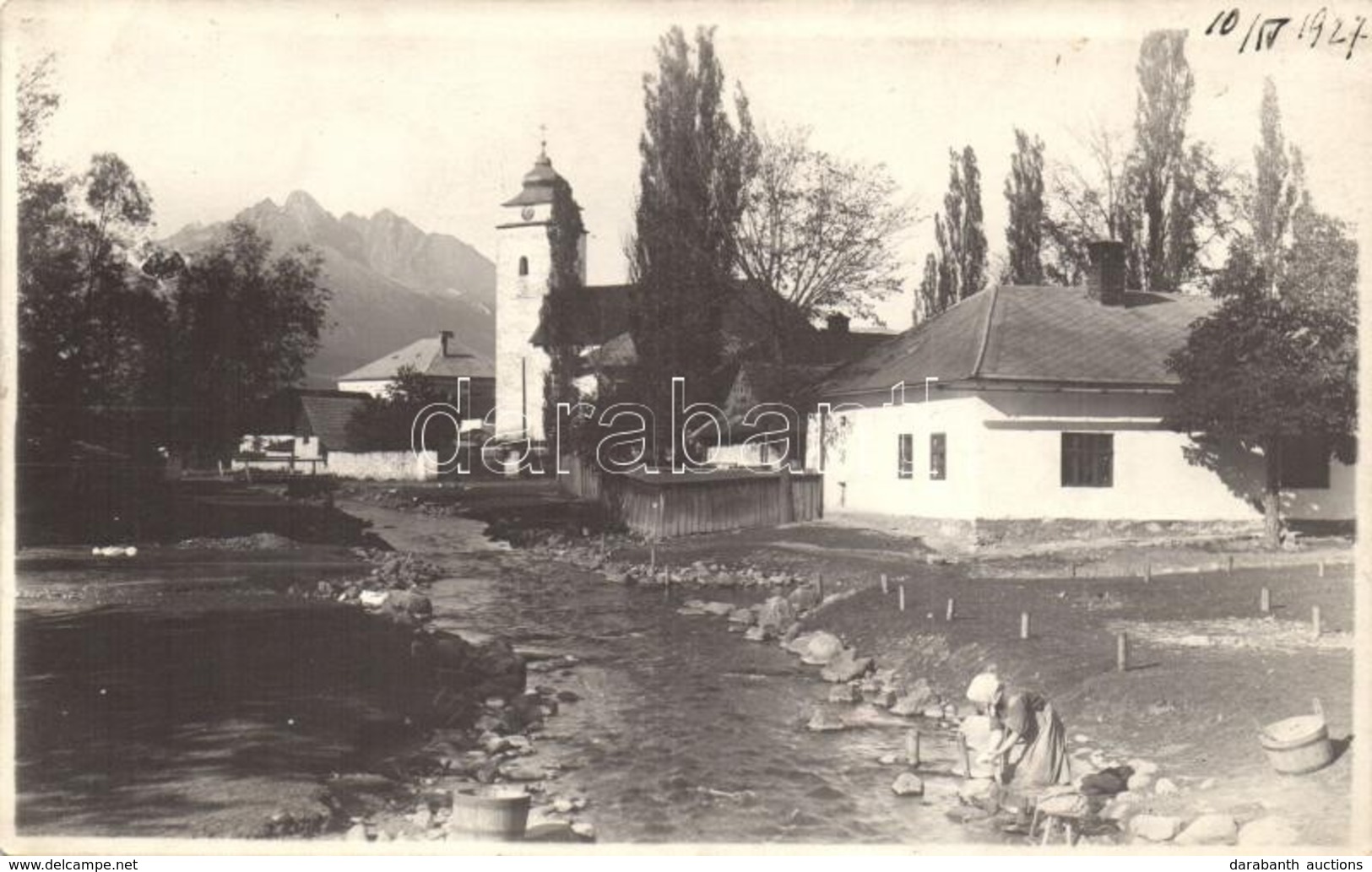 T2 1927 Nagyszalók, Velky Slavkov, Grossschlagendorf (Tátra); Templom, Patakban Mosó Nő / Church, Woman Washing In The C - Ohne Zuordnung