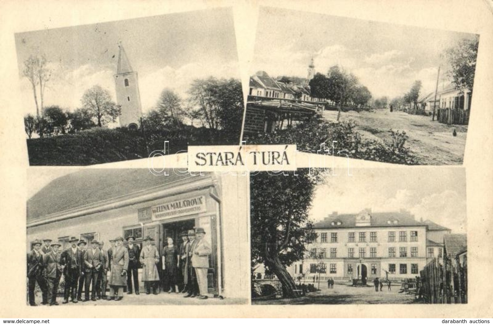 T2/T3 1927 Ótura, Stará Turá, Alt-Turn; Utcaképek, Templom, Özvegy Elena Malárová Könyv és Papírüzlete / Street Views, C - Ohne Zuordnung