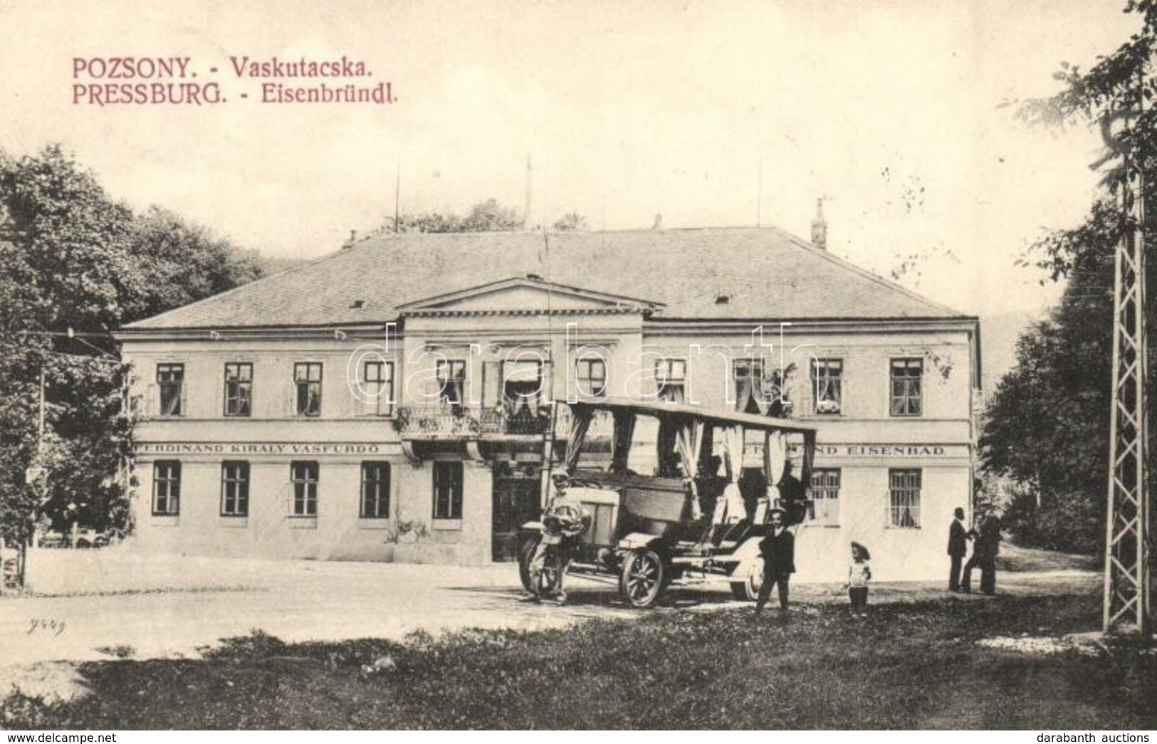 T2 1909 Pozsony, Pressburg, Bratislava; Vaskutacska, Ferdinánd Király Vasfürdő, Korai Trolibusz / Eisenbrünnel (Eisenbrü - Ohne Zuordnung