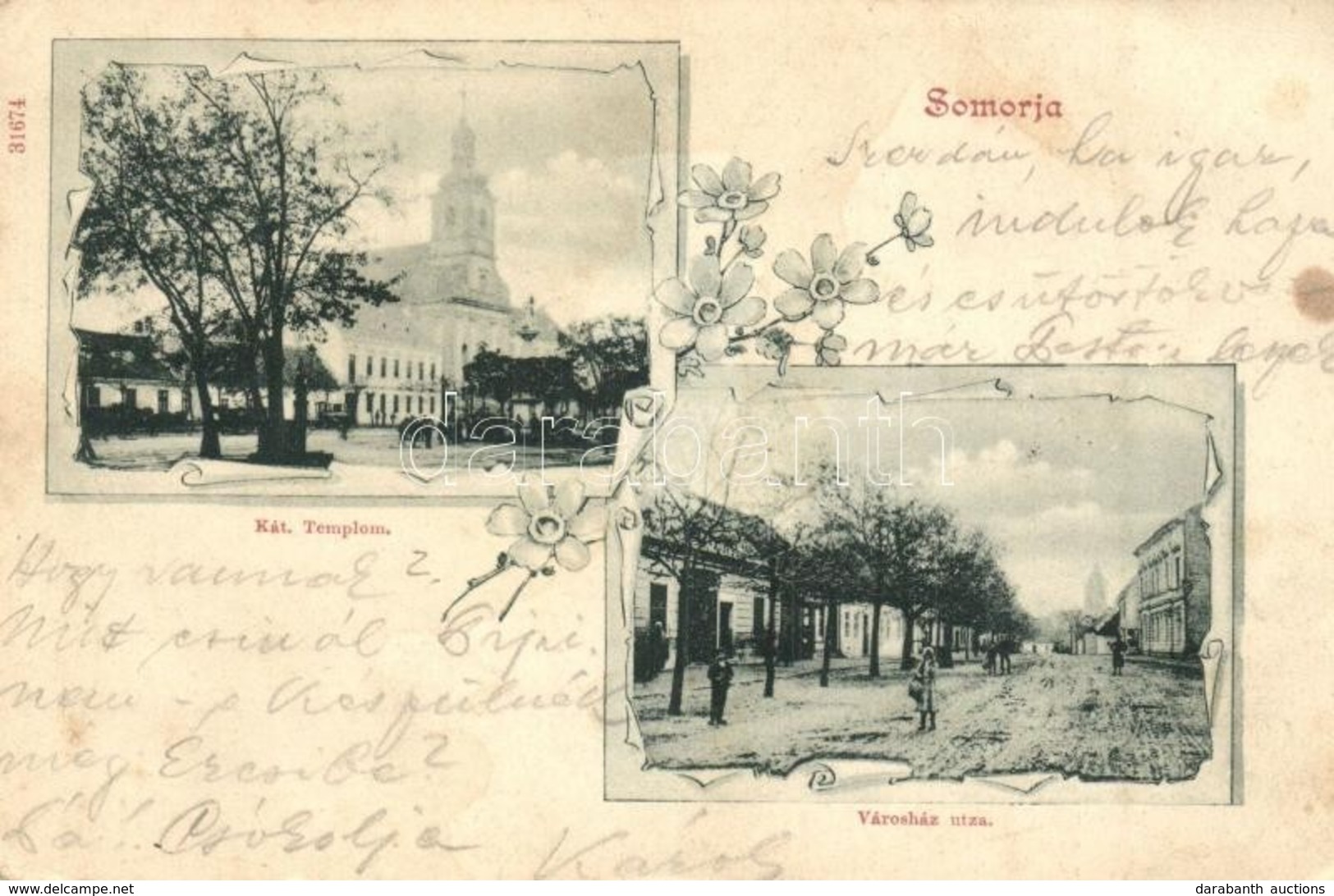 T2/T3 1901 Somorja, Csallóköz-Somorja, Samorín; Katolikus Templom, Városház Utca / Catholic Church, Street. Floral (EK) - Ohne Zuordnung