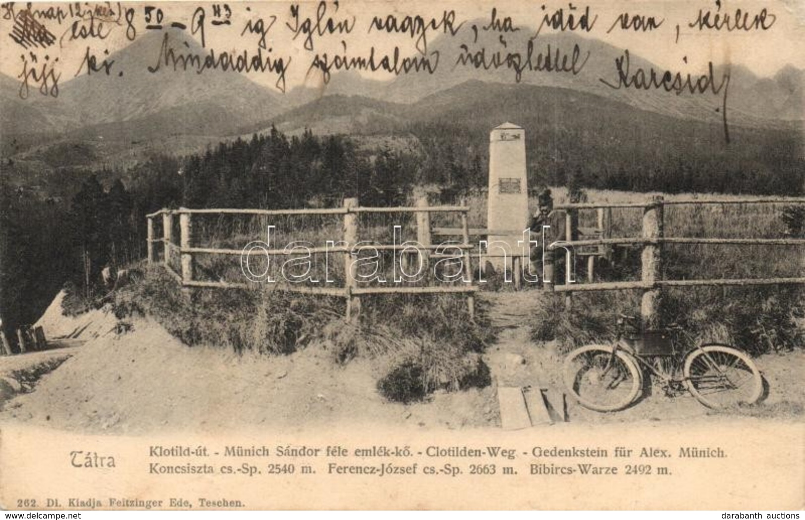 T2 1905 Tátra, Tatry; Klotild út, Münnich Sándor Féle Emlékkő Kerékpárral, Koncsiszta, Ferenc József és Bibircs Csúcs. F - Ohne Zuordnung