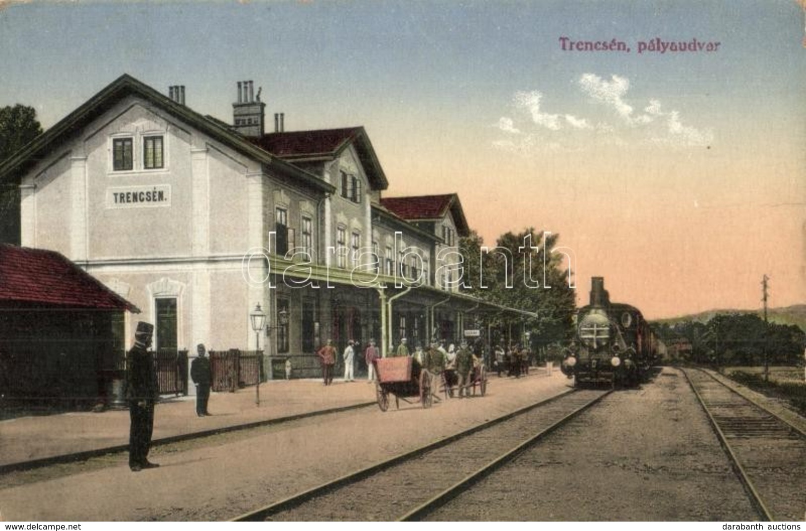 T2/T3 1916 Trencsén, Trencín; Vasútállomás, Gőzmozdony / Bahnhof / Railway Station, Locomotive (EK) - Ohne Zuordnung