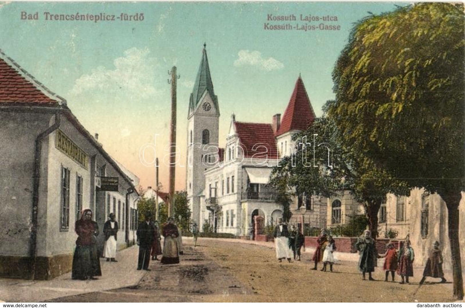 T2 Trencsénteplic-fürdő, Bad Trencianske Teplice; Kossuth Lajos Utca, Vendéglő / Street View, Restaurant - Ohne Zuordnung