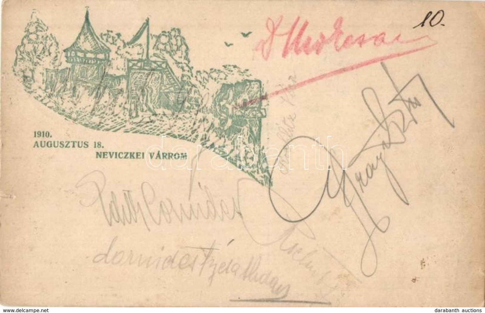 T3 1910 Nevicke, Nyevicke (Ungvár); Várrom Augusztus 18-án / Castle Ruin, Art Postcard (szakadások / Tears) - Non Classés