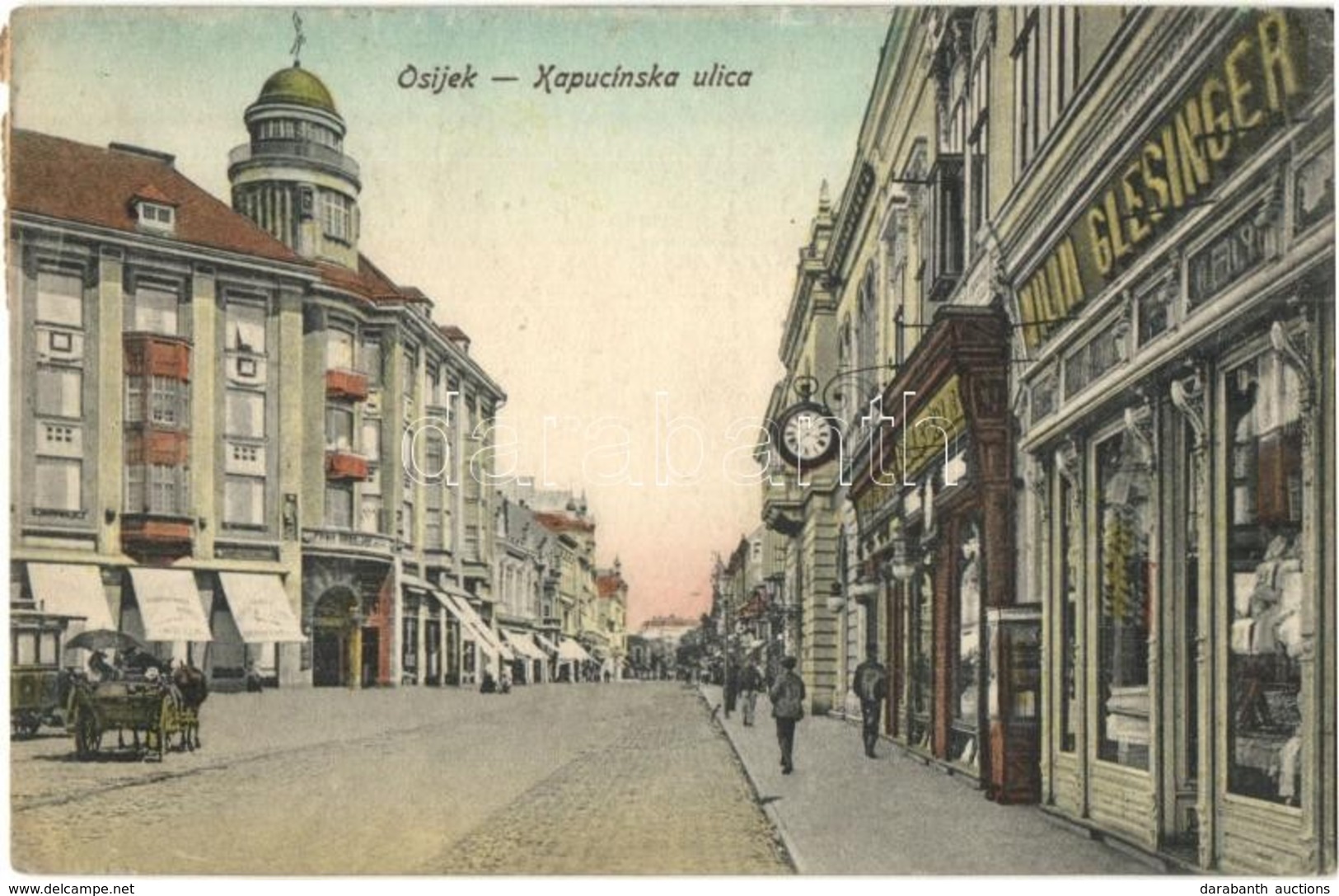 T2/T3 Eszék, Osijek, Esseg; Utcakép, Vilima Glesinger üzlete / Kapucinska Ulica / Street View With Shops (EK) - Ohne Zuordnung