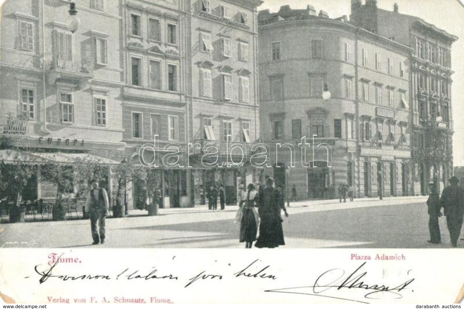 T3 1902 Fiume, Rijeka; Adamich Tér, F. A. Schnautz üzlete és Saját Kiadása / Piazza Adamich / Square, Hotel Europa, Shop - Non Classés