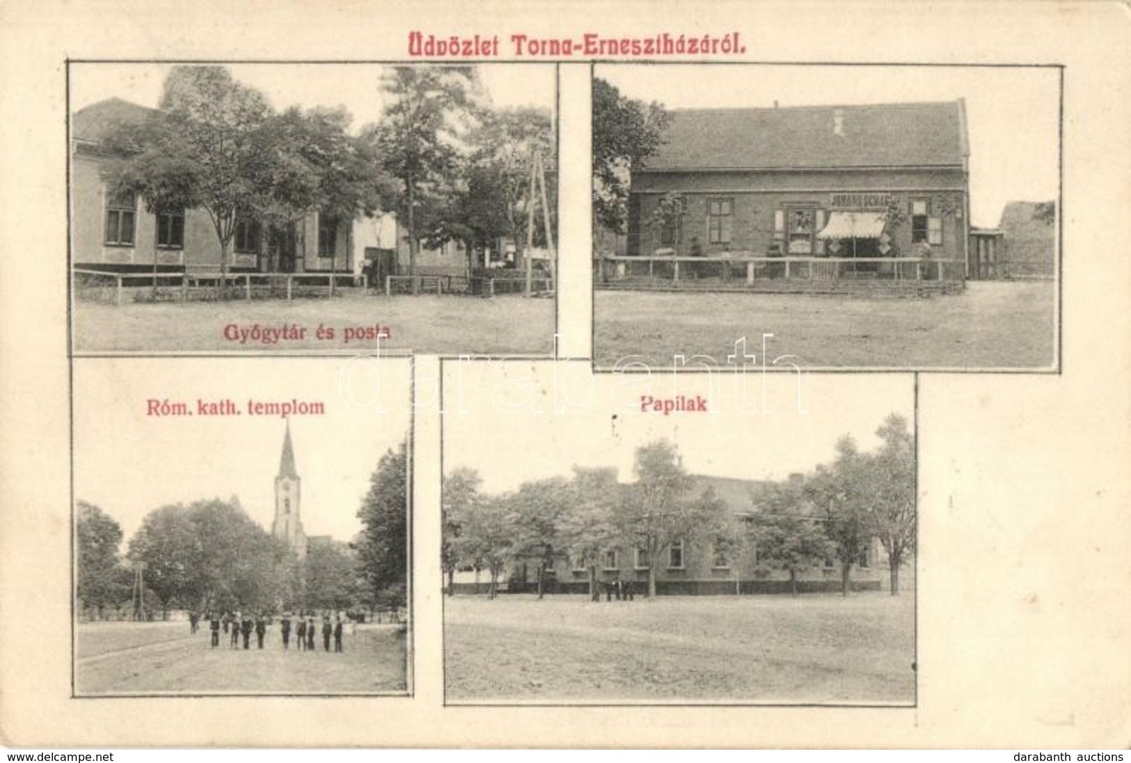 T2 1910 Ernőháza, Torna-Ernesztháza, Banatski Despotovac; Gyógyszertár (gyógytár) és Posta, Paplak, Római Katolikus Temp - Ohne Zuordnung