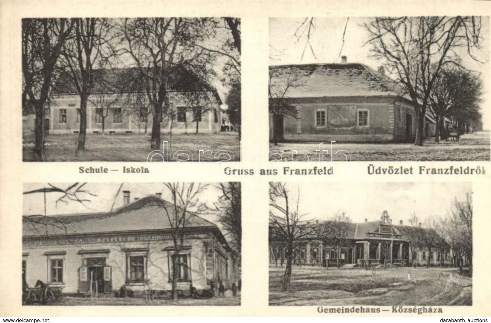 ** T1 Ferenchalom, Franzfeld, Kacarevo; Iskola, Községháza, Tatarik (?) Vendéglője. Weiser A. Fényképész / School, Town  - Ohne Zuordnung