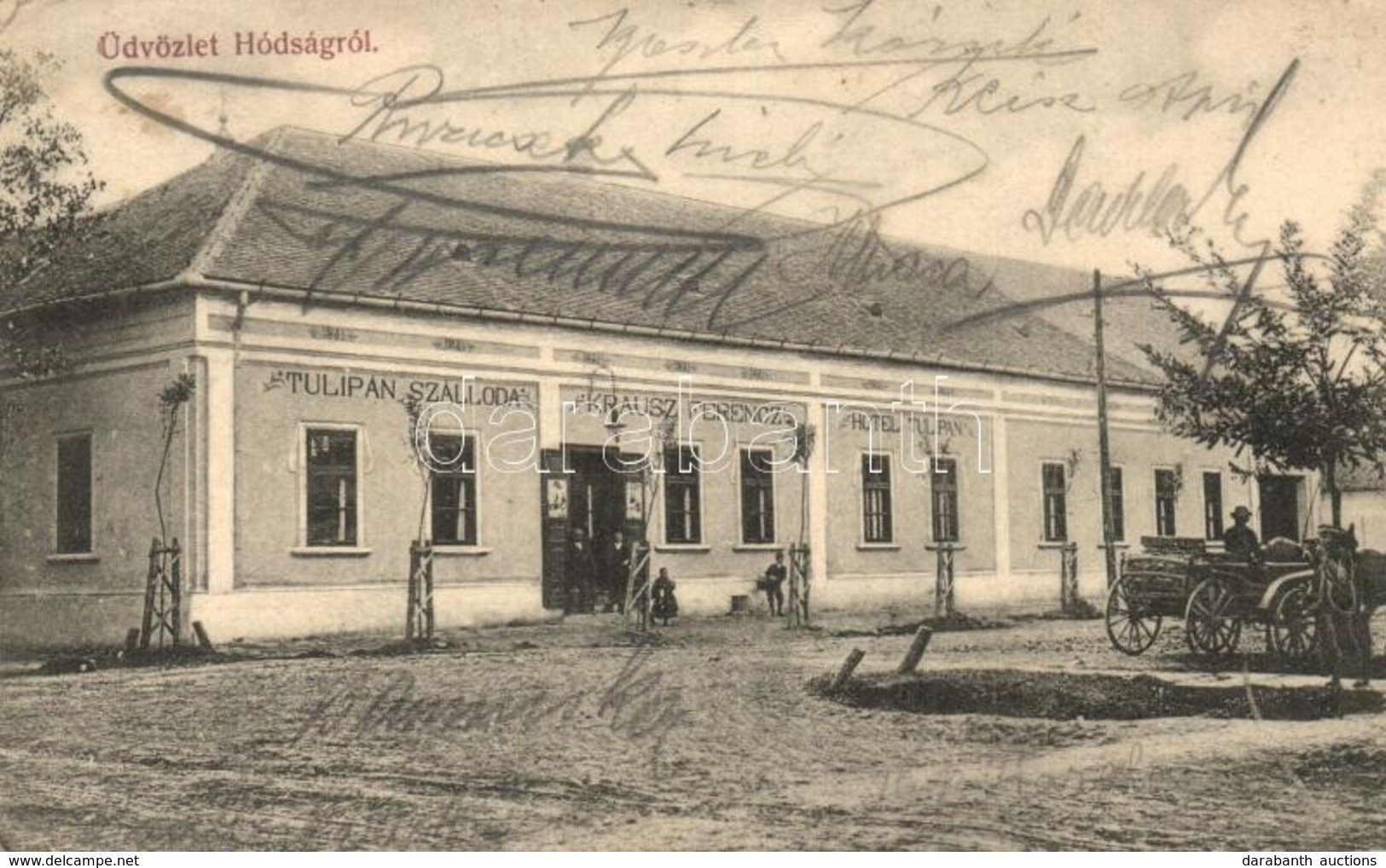 T2/T3 1906 Hódság, Odzaci, Hanfhausen; Krausz Ferenc Tulipán Szállodája és Saját Kiadása. Felvette Wissinger R. / Hotel  - Ohne Zuordnung