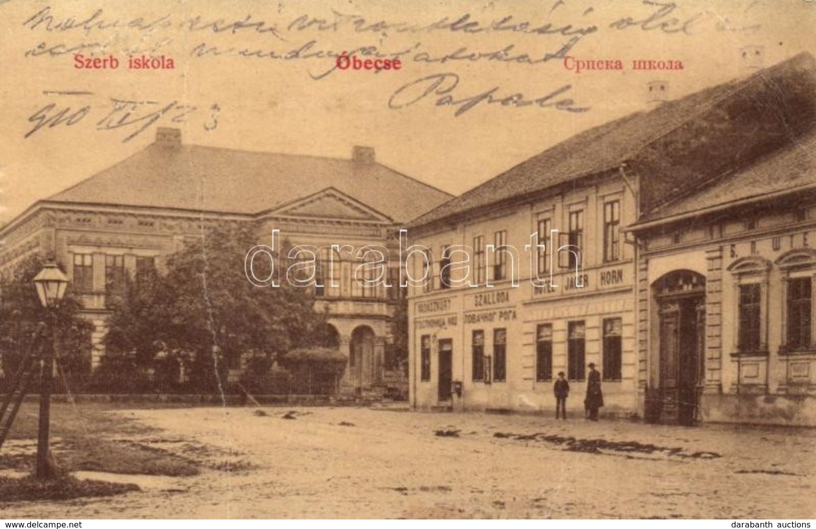 T3 1910 Óbecse, Stari Becej; Szerb Iskola, Vadászkürt Szálloda. Lévai Lajos 620. / Serbian School, Hotel Jager Horn, Sho - Non Classés