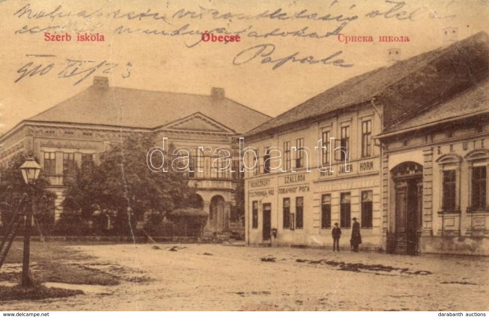 T3 1910 Óbecse, Stari Becej; Szerb Iskola, Vadászkürt Szálloda. Lévai Lajos 620. / Serbian School, Hotel Jager Horn, Sho - Ohne Zuordnung