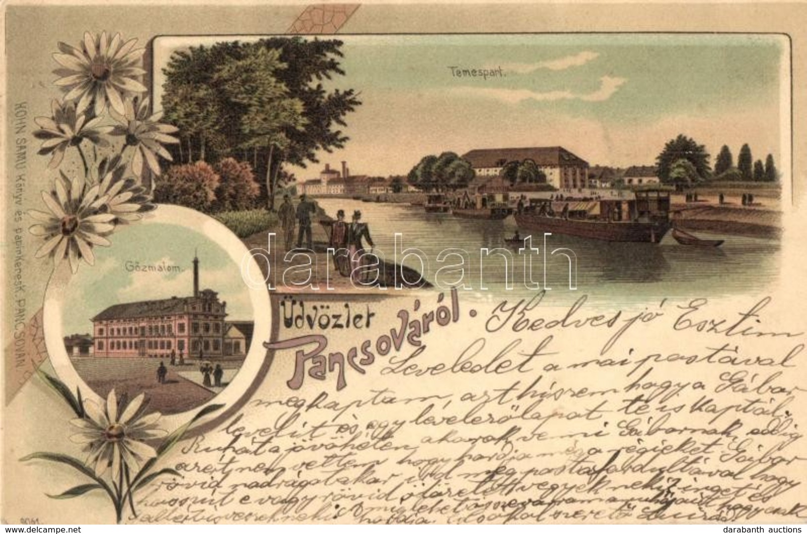 T2 1899 Pancsova, Pancevo; Temespart, Gőzmalom. Kohn Samu Kiadása / River Bank, Steam Mill. Floral, Art Nouveau, Litho - Ohne Zuordnung