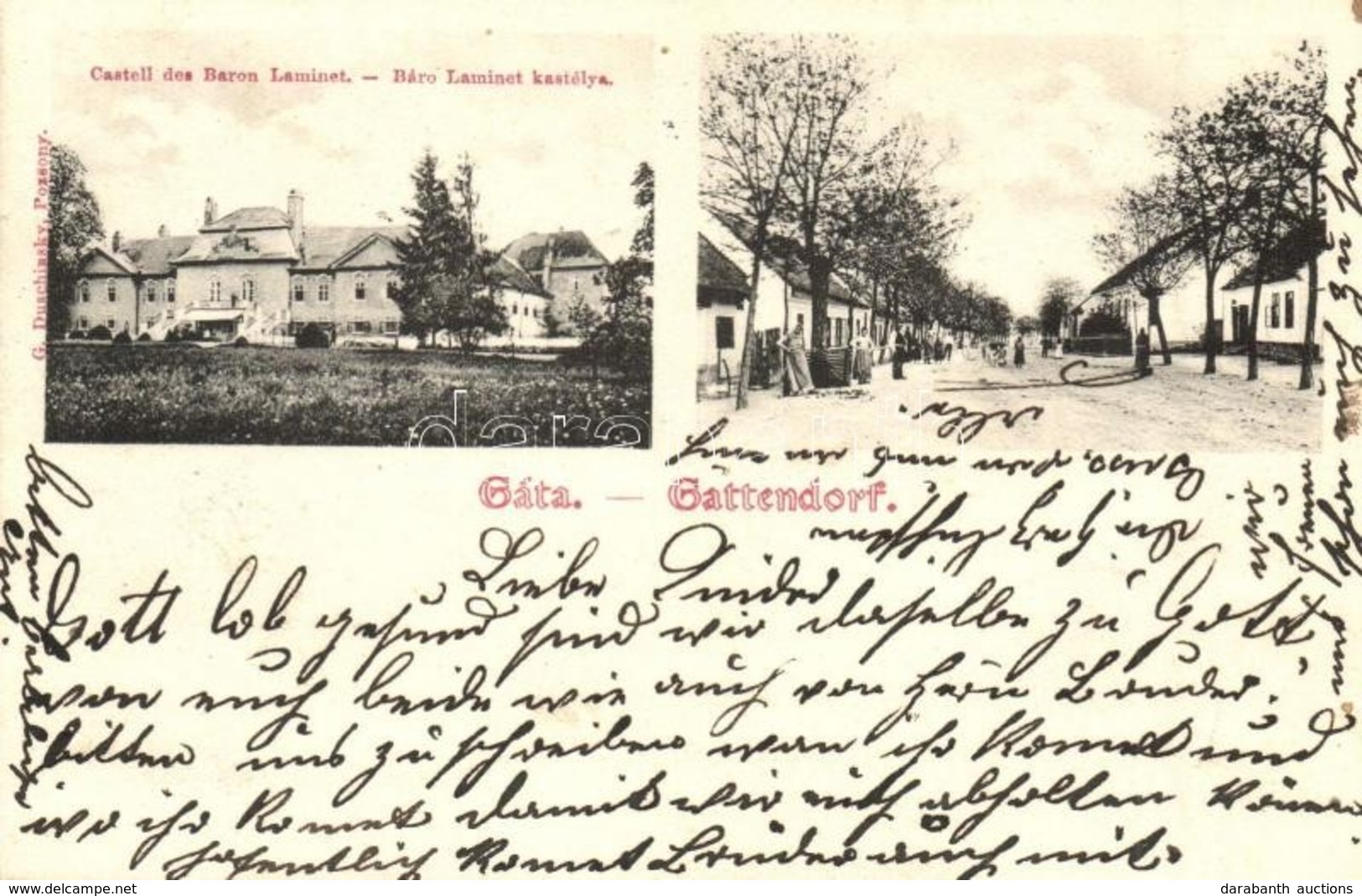 T2 1906 Lajtakáta, Gáta, Gattendorf; Báró Laminet Kastély, Fő Utca. G. Duschinsky Kiadása / Schloss, Hauptstrasse / Cast - Non Classés