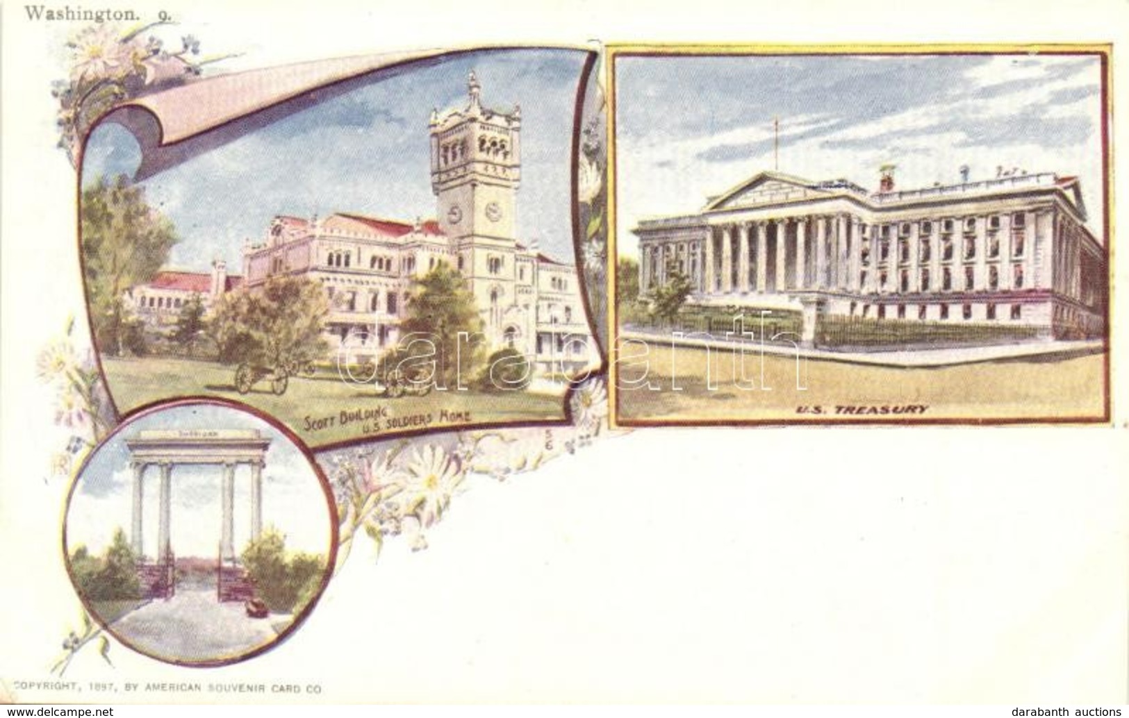 ** T2 Washington, Scott Building, US Soldiers Home, US Treasury. American Souvenir Card Co. 9. Art Nouveau, Floral - Ohne Zuordnung