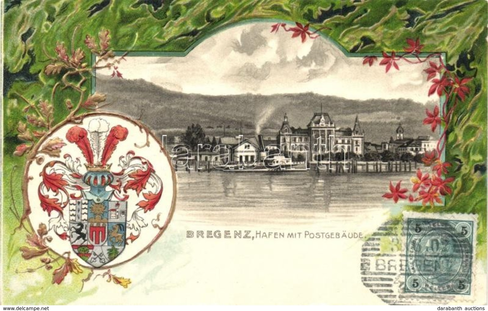 T2 1902 Bregenz, Hafen Mit Postgebäude / Port And Post Office. Coat Of Arms. Art Nouveau, Emb. Litho. TCV Card - Non Classés