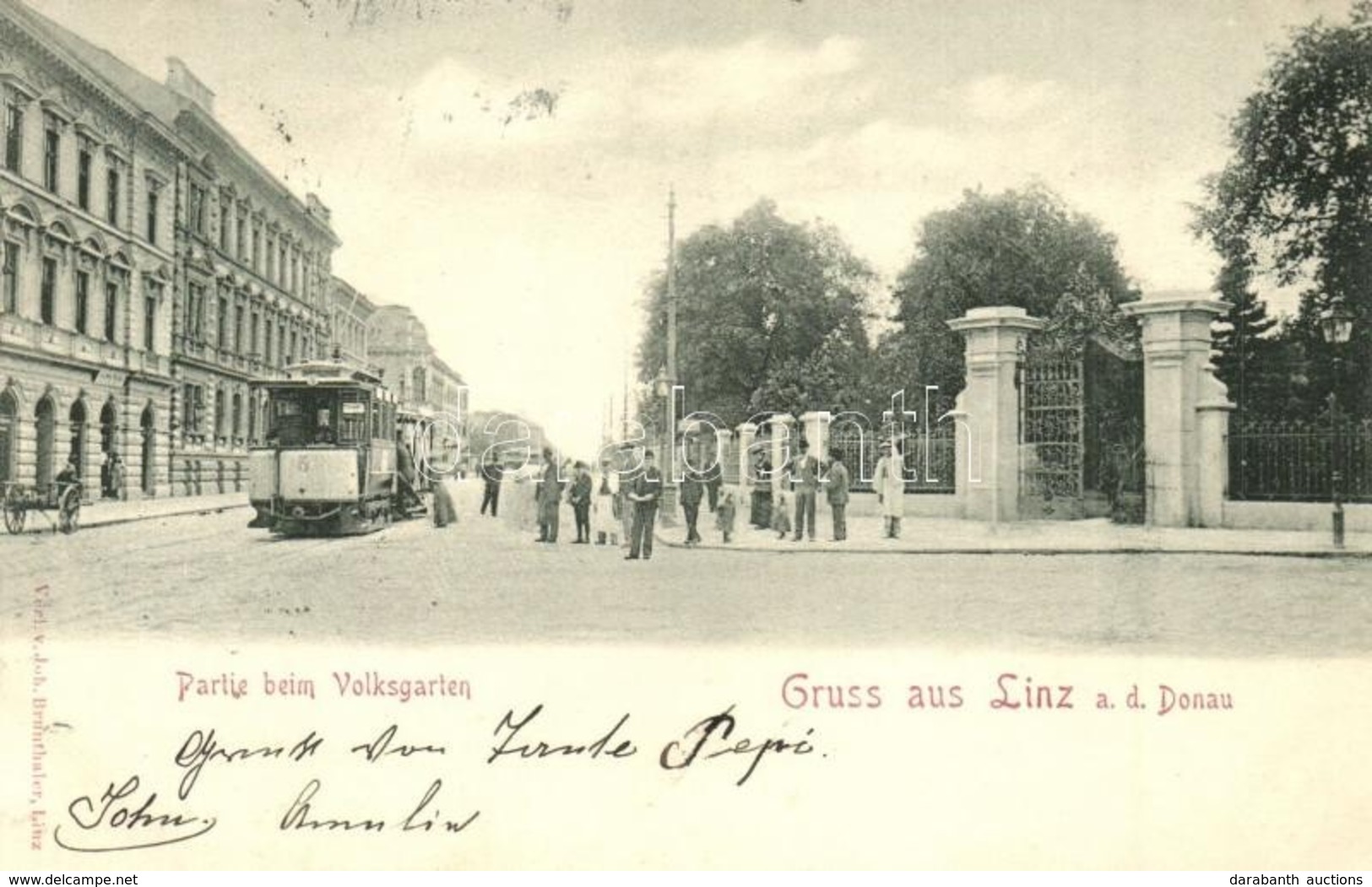 T2 1900 Linz, Partie Beim Volksgarten / Street View With City Park And Tram - Ohne Zuordnung