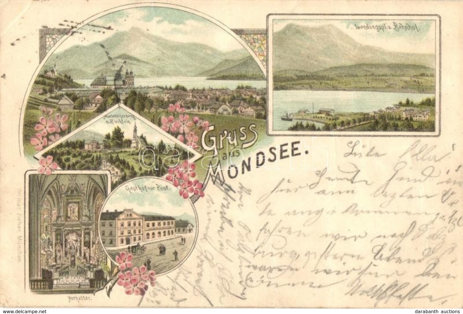 T3 1895 (Vorläufer!) Mondsee, Landungsplatz Und Banhof, Gasthof Ur Post, Hochaltar, Mariahilferberg Mit Kirchlein / Port - Non Classés