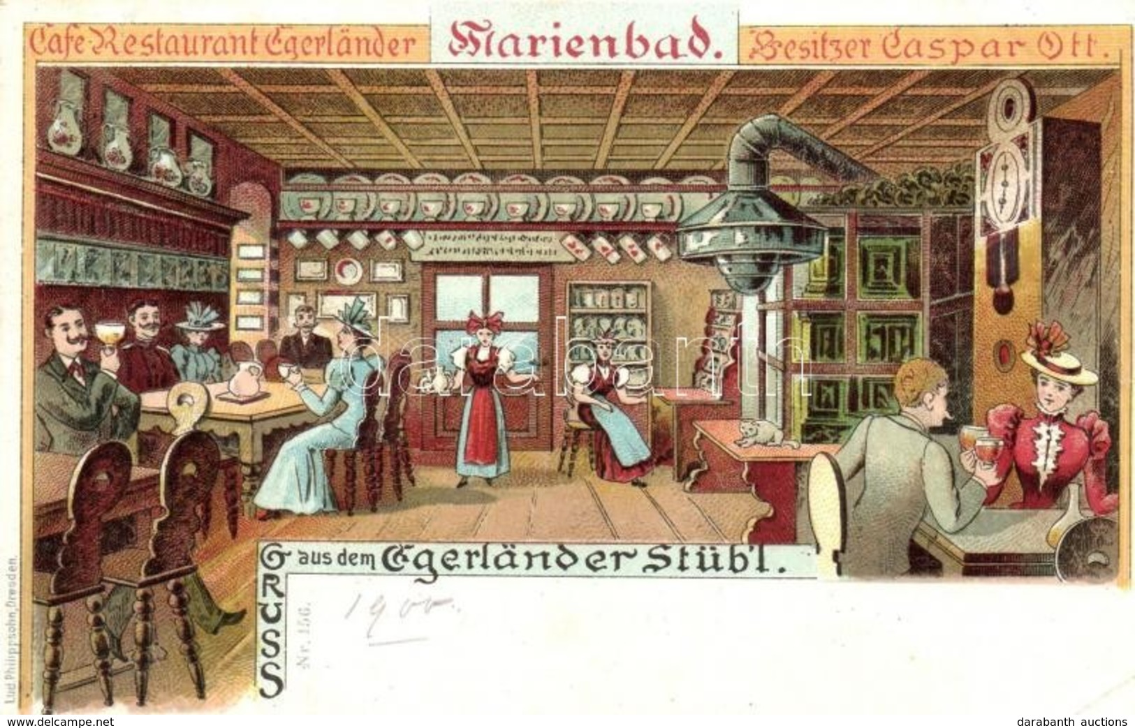 ** T2/T3 Marianske Lazne, Marienbad; Egerländer's Stüb'l / Gaspar Ott's Cafe Restaurant Interior. Litho Advertisement (s - Ohne Zuordnung