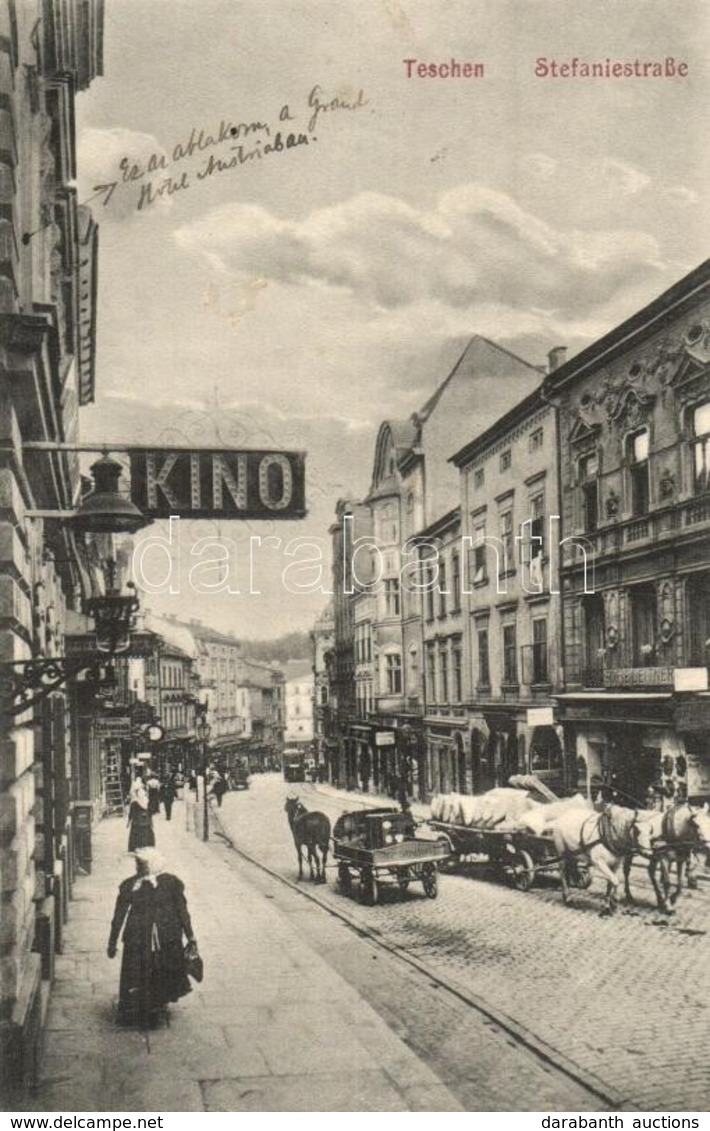 T2 1915 Cieszyn, Teschen; Stefaniestrasse, Kino,  / Street View With Cinema, Shop Of Sofie Leitner + K.u.K. Militärzensu - Ohne Zuordnung