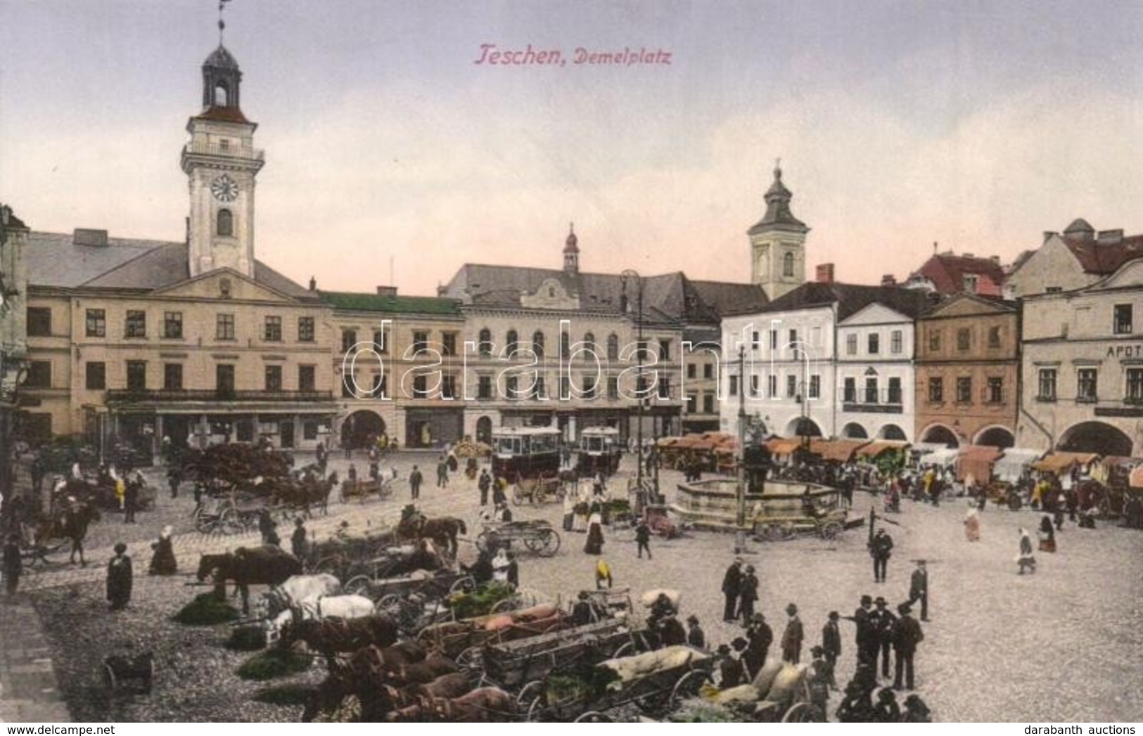 ** T1 Cieszyn, Teschen; Demelplatz, Apotheke. Ed. Feitzinger No. 1146. / Square With Market And Trams, Pharmacy - Ohne Zuordnung