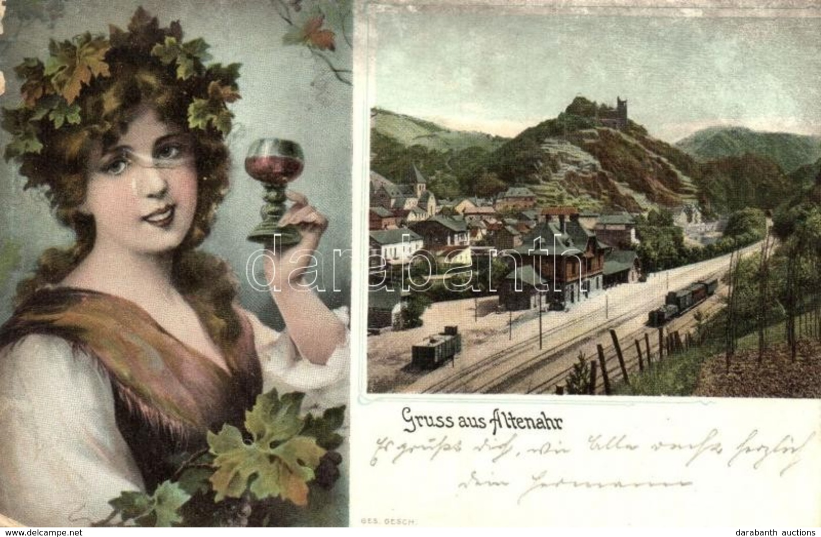 T2/T3 Altenahr, Bahnhof / Railway Station. Lady With A Glass Of Wine Montage. Heliocolorkarte Von Ottmar Zieher (EK) - Ohne Zuordnung