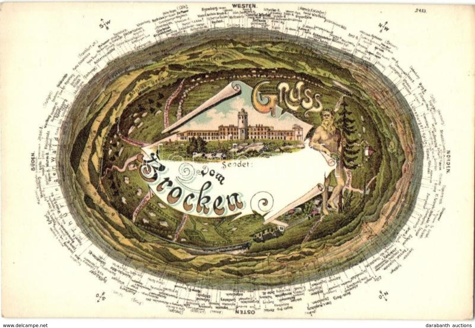 ** T1/T2 Brocken, Gruss Aus Brocken Hotel. Verlag Von Rud. Schade Nr. 16. 1911. Art Nouveau, Floral, Map - Ohne Zuordnung