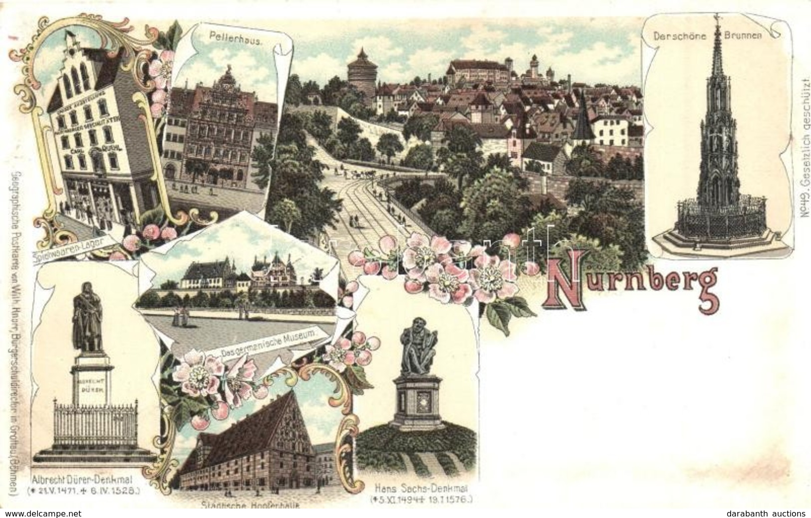 ** T1/T2 Nürnberg, Spielwaren-Läger, Pellerhaus. Geographische Postkarte V. Wilhelm Knorr No. 49. Art Nouveau Floral Lit - Ohne Zuordnung