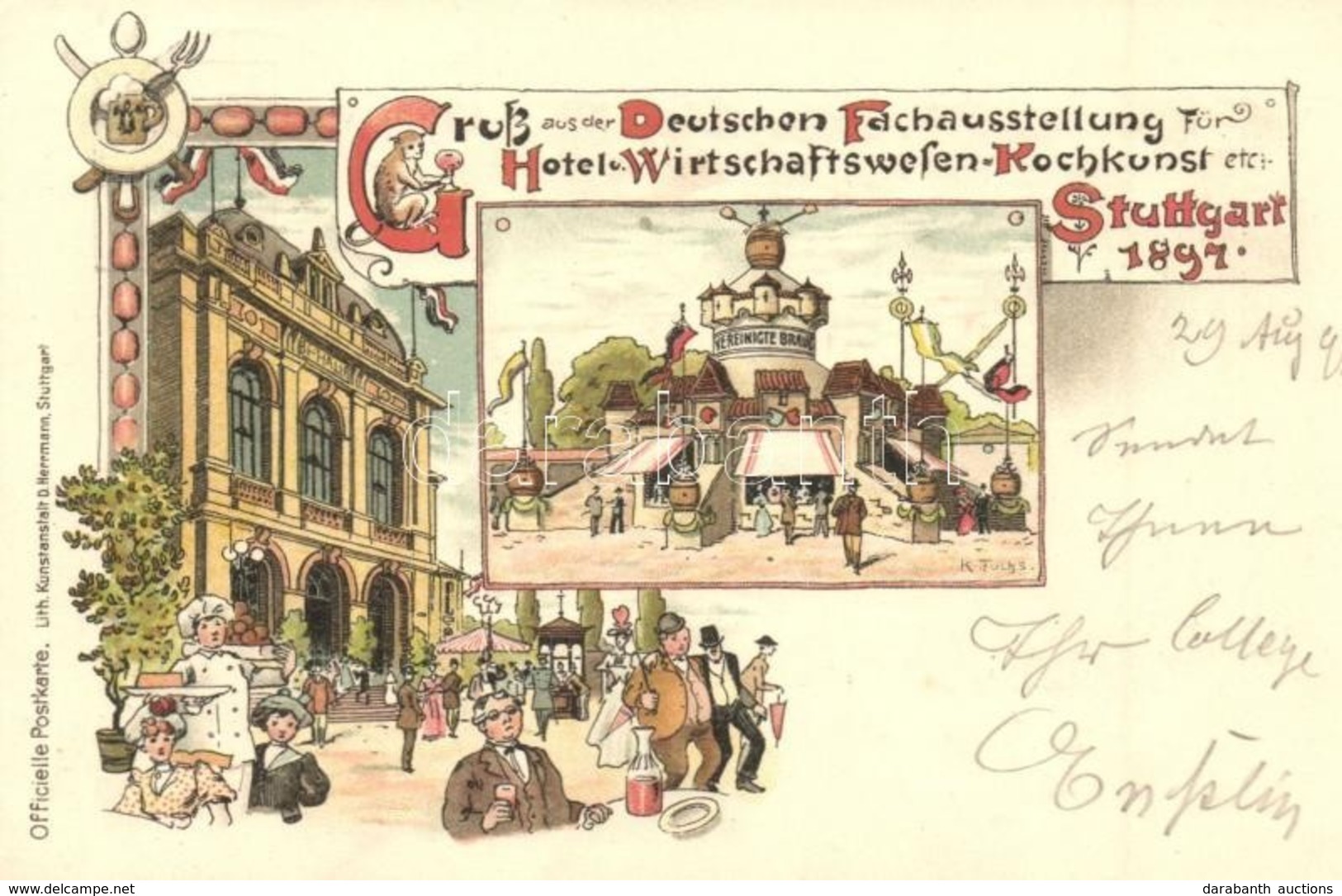 T1/T2 1897 (Vorläufer!) Stuttgart, Gruss Aus Der Deutschen Fachausstellung Für Hotel Und Wirtschaftswesen Kochkunst / Ge - Ohne Zuordnung